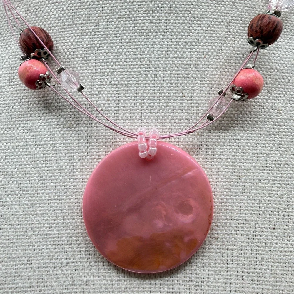 Pink Shell Disc Pendant Beaded Necklace Boho Statement Cottagecore Festival Gift